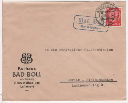 DR 1937, Landpost Stpl. BAD BOLL über Göppingen auf Kurhaus-Brief m. 12 Pf.