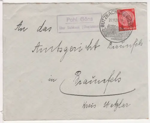 DR 1938, Landpost Stpl. POHL GÖNS über Butzbach (Oberhessen) auf Brief m. 12 Pf.