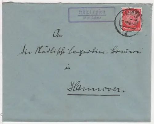 DR 1936, Landpost Stpl. HÜLPTINGSEN über Lehrte auf Gemeinde-Brief m. 12 Pf.