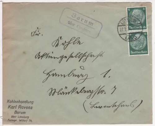 DR 1934, Landpost Stpl. BARUM über Lüneburg auf Firmen-Brief m. 2x6 Pf. 