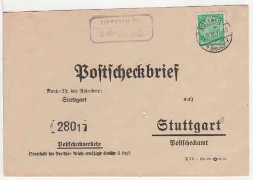 DR 1935, Landpost Stpl. FRITTLINGEN über Rottweil auf Postscheckbrief m. 5 Pf.