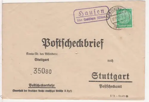 DR 1935, Landpost Stpl. HAUSEN über Spaichingen auf Postscheckbrief m. 5 Pf.