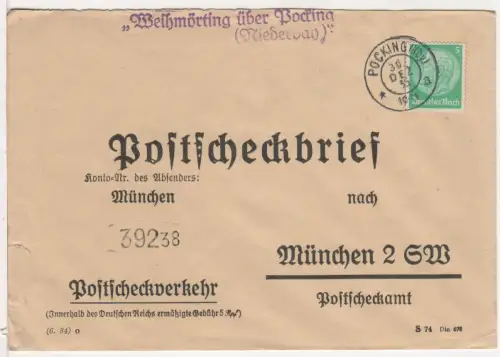 DR 1935, Landpost Stpl. WEIHMÖRTING über Pocking auf Postscheckbrief m. 5 Pf.