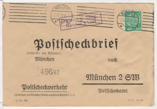 DR 1935, Landpost Stpl. DEINING Oby. München 3 Land auf Postscheckbrief m. 5 Pf.