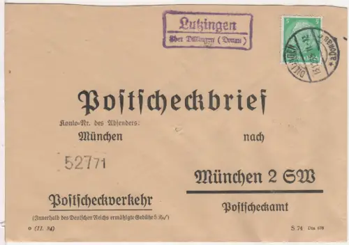 DR 1935, Landpost Stpl. LUTZINGEN über Dillingen auf Postscheckbrief m. 5 Pf.