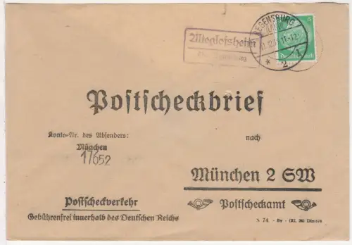 DR 1935, Landpost Stpl. ALTEGLOFSHEIM über Regensburg auf Postscheckbf. m. 5 Pf.