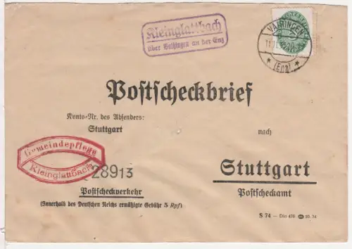 DR 1935, Landpost Stpl. KLEINGLATTBACH über Vaihingen auf Postscheckbf. m. 5 Pf.
