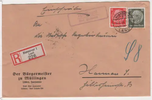 DR 1936, Landpost Stpl. Müllingen über Hannover auf Reko-Brief m. 12+30 Pf.