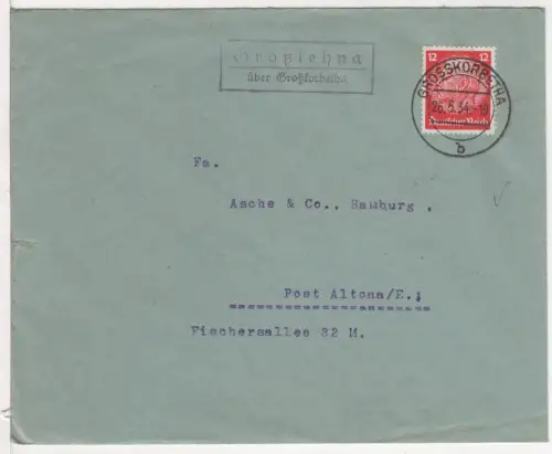 DR 1934, Landpost Stpl. GROSSLEHNA über Grosskorbetha auf Brief m. 12 Pf.