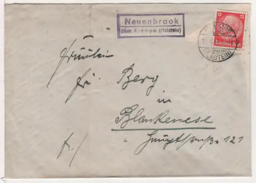 DR 1934, Landpost Stpl. NEUENBROOK über Krempe (Holstein) auf Brief m. 12 Pf.