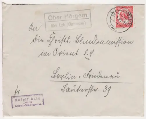 DR 1935, Landpost Stpl. OBER HÖRGERN über Lich (Oberhessen) auf Brief m. 12 Pf.