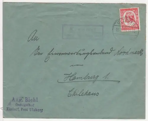 DR 1935, Landpost Stpl. KISDORF über Ulzburg (Holstein) auf Brief m. 12 Pf.