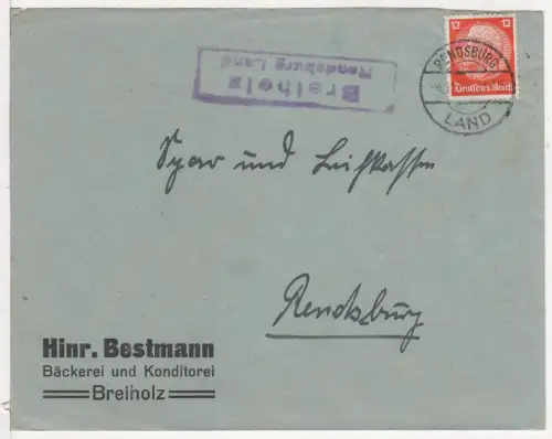 DR 1932, Landpost Stpl. BREIHOLZ Rendsburg Land auf Firmen Brief m. 12 Pf.