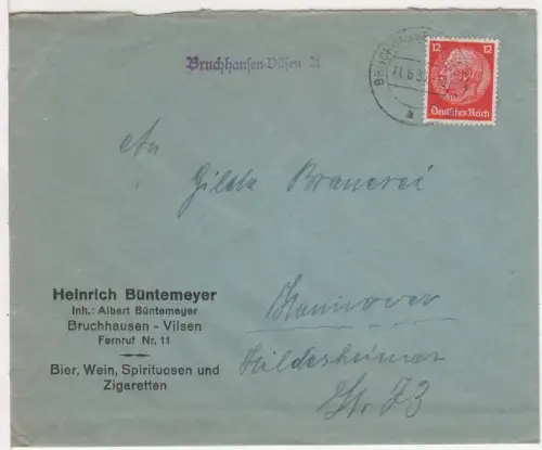 DR 1936, Landpost Stpl. BRUCHHAUSEN-VILSEN A auf Firmen Brief m. 12 Pf.
