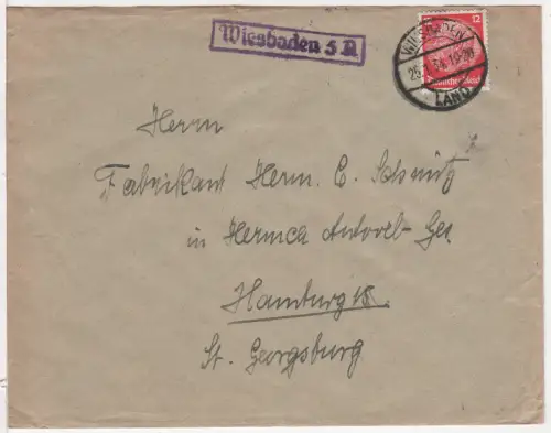 DR 1934, Landpost Stpl. WIESBADEN 5 A auf Brief m. 12 Pf.