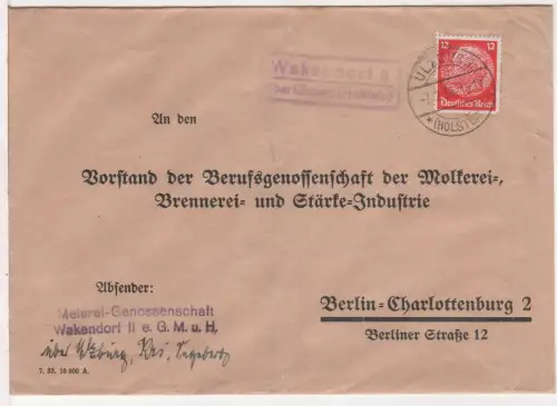DR 1936, Landpost Stpl. WAKENDORF II über Ulzburg (Holstein) auf Brief m. 12 Pf.