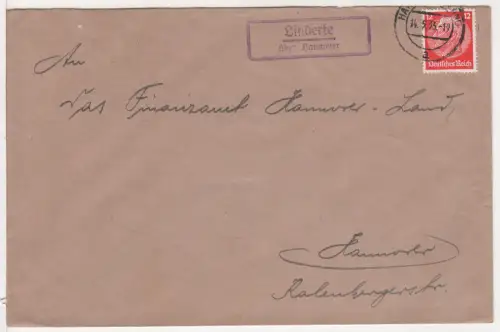 DR 1935, Landpost Stpl. LINDERTE über Hannover auf Brief m. 12 Pf.