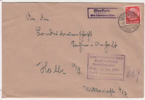 DR 1935, Landpost Stpl. WERKLEITZ über Schönebeck (Elbe) auf Brief m. 12 Pf.