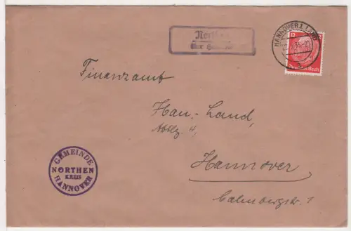 DR 1936, Landpost Stpl. NORTHEN über Hannover auf Gemeinde Brief m. 12 Pf.