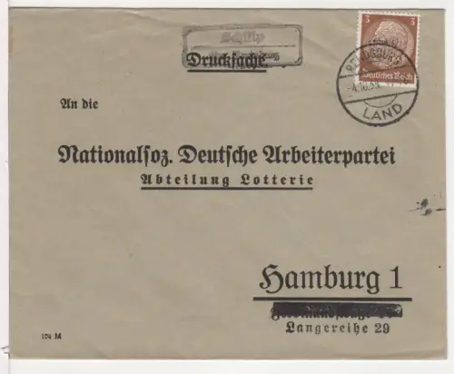 DR 1938, Landpost Stpl. SCHÜLP über Rendsburg auf NSDAP Brief m. 3 Pf.
