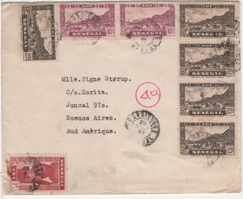 Senegal 1939, 8 Marken auf Norwegen Seemanns-Brief v. Foundiougne n. Argentinien