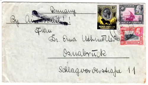 Kenya Uganda Tanganyika 1936, 3 Marken auf Brief m Luftpost Annullierungsstempel