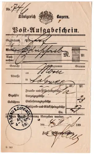 Bayern 1898, PASSAU 2 Domplatz auf  Postschein f. einen Einschreiben-Brief