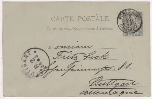 Golfe De Bénin 1897, 10 C. Ganzsachenkarte v. Porto-Novo Dahomey n. Württemberg