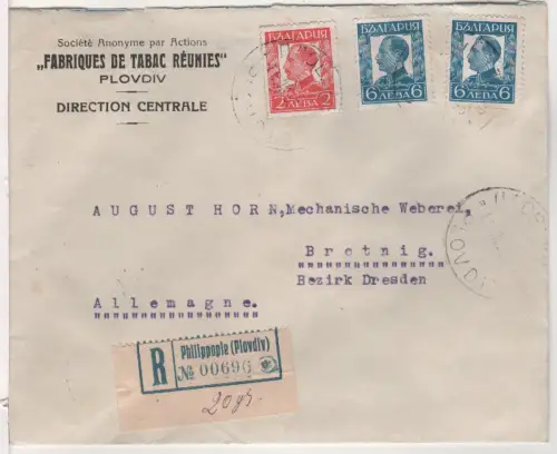 Bulgarien 1933, 2+2x6 L. auf Einschreiben Brief v. Philippople n. Deutschland