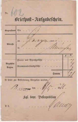 Bayern 1871, L1 Passau auf Express Postschein f. einen Reko-AR Bischofs-Brief