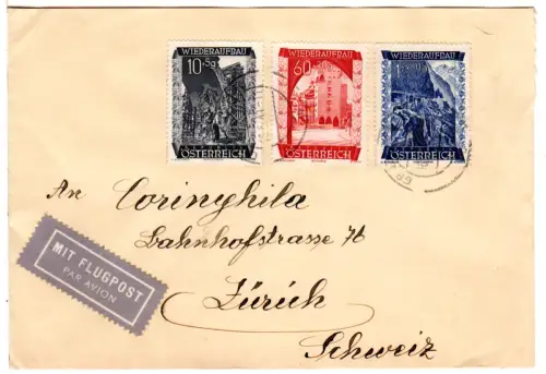 Österreich 1949, 1 S.+10+60 G. Wiederaufbau auf Luftpost Brief v. Graz-Gösting
