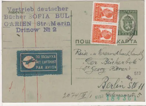 Bulgarien 1941, 2x4 L. auf 1 L. Ganzsache per Luftpost v. Sofia m. OKW-Zensur