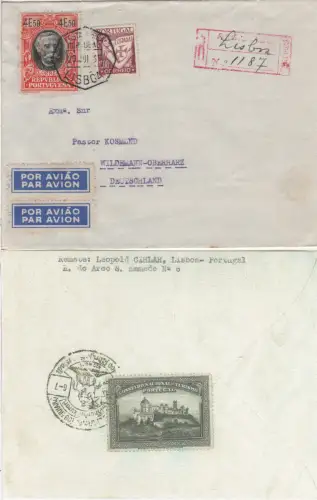Portugal 1935, 1+4,50 E. auf Luftpost Reko-Brief v. Lisboa m. rücks. Vignette