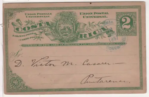 Costa Rica 1897, 2 C. Ganzsache m. blauem K2 HEREDIA