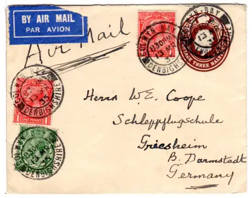 GB 1935, Ganzsachenumschlag m. Zusatz per Luftpost v. Colwyn Bay n. Deutschland