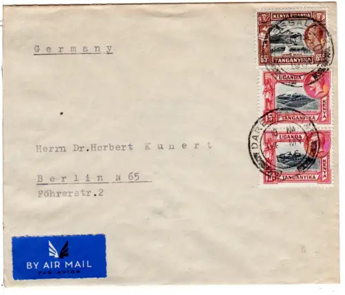 Kenya Uganda Tanganyika 1936, 65+2x15 C. auf Luftpost Brief v. Daressalaam