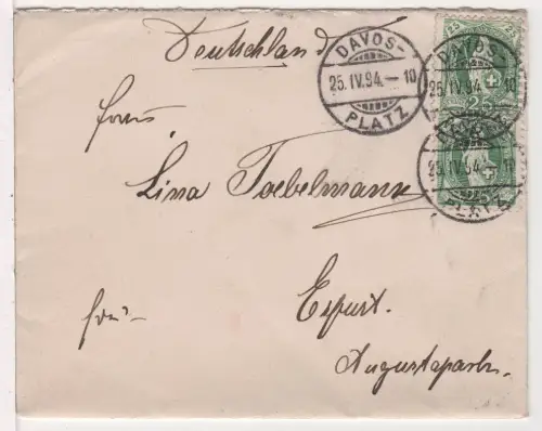 Schweiz 1894, 2x25 C. Stehende Helvetia auf Brief v. Davos-Platz n. Deutschland