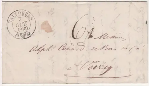 Schweiz 1839, Zier-K2 Vallorbes auf Porto Brief n. Vevey