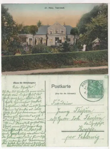 Taarstedt, Dr. Metz, 1908 m. Bahnpost Kappeln-Schleswig gebr. Farb-AK 