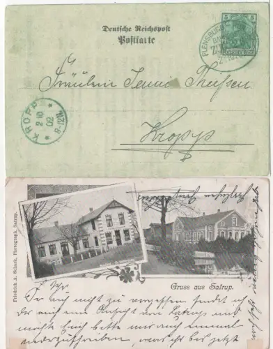 Gruss aus Satrup m. Hof u. Handlung, 1902 m. Bahnpost gebr. sw-AK 