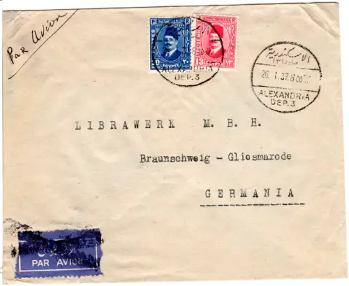 Ägypten 1937, 13+20 Mils. auf Luftpost Brief m. schwarzem Annullierungsstpl.