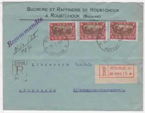 Bulgarien 1930, MeF 3x4 L. auf Einschreiben Brief v. Roustchouk n. Deutschland