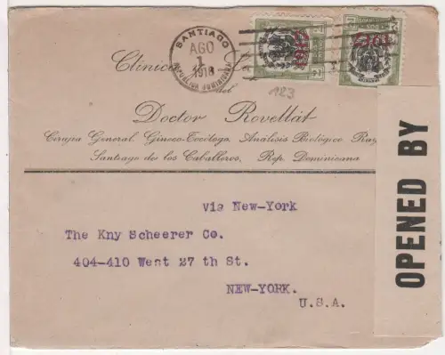 Dominikanische Republik 1918, 2x2 C. auf Vordruck Umschlag v. Santiago n. USA
