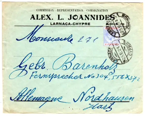 Zypern 1924, 2 3/4 Pia. auf Firmenbrief v. Larnaca n. Deutschland