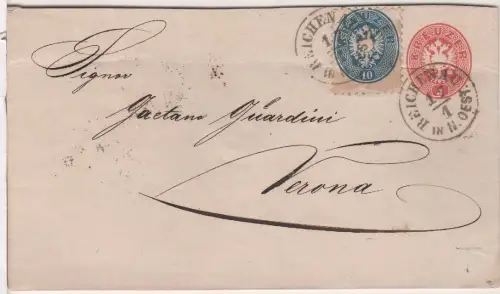Österreich 1864, 10 Kr. Zusatzfr. auf 5 Kr. Ganzsache v. K1 Reichenau in N.Oest.
