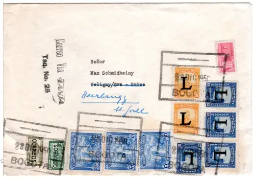 Kolumbien 1950, 12 Marken auf Luftpost Brief i.d. Schweiz m. L2 Correo Via LANSA