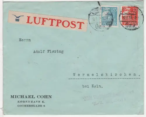Dänemark 1929, 15+25 öre auf Luftpost Brief m. Hamburg u. Düsseldorf Bestätigung