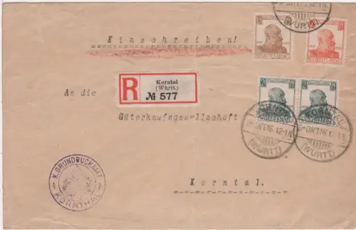 Württemberg 1916, 4 König Wilhelm Dienstmarken auf Einschreiben Brief v. Korntal