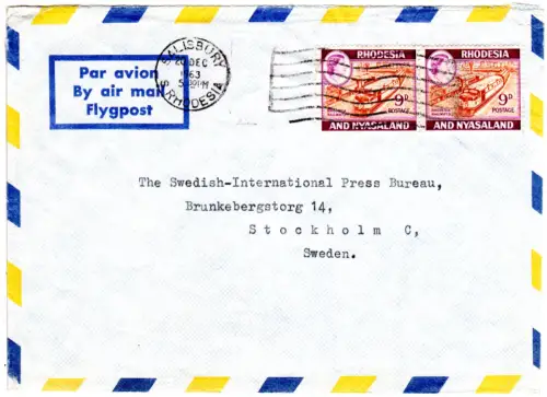 Rhodesien 1963, MeF 2x9d Railway auf Luftpost Brief v. Salisbury n. Schweden