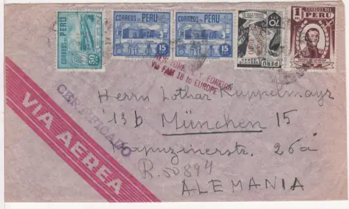 Peru 1949, 5 Marken auf Luftpost Einschreiben Brief v. Lima m. US Leitstempel